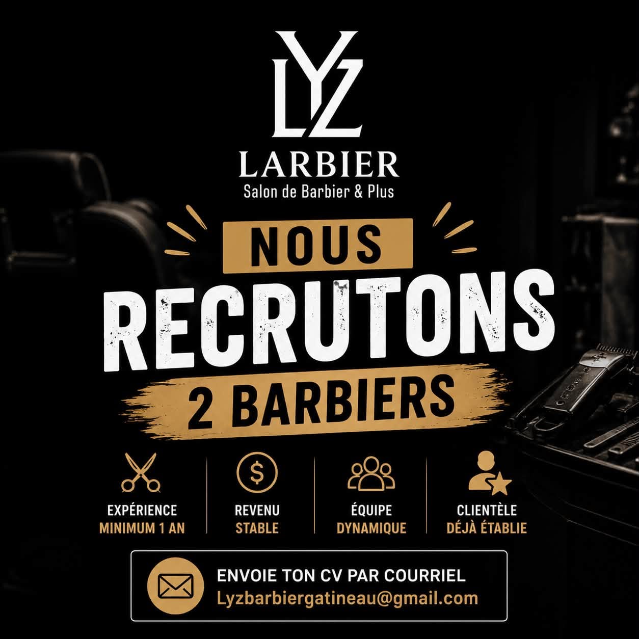 LYZBARBIER Gatineau — nous recrutons 2 barbiers