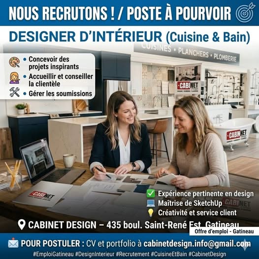 Cabinet Design Gatineau — nous recrutons un designer d'intérieur cuisine et bain