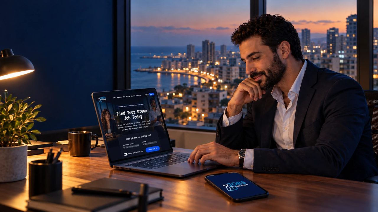 Employer in Beirut posting a job on JobsLebanon from a laptop, with the city skyline at dusk behind